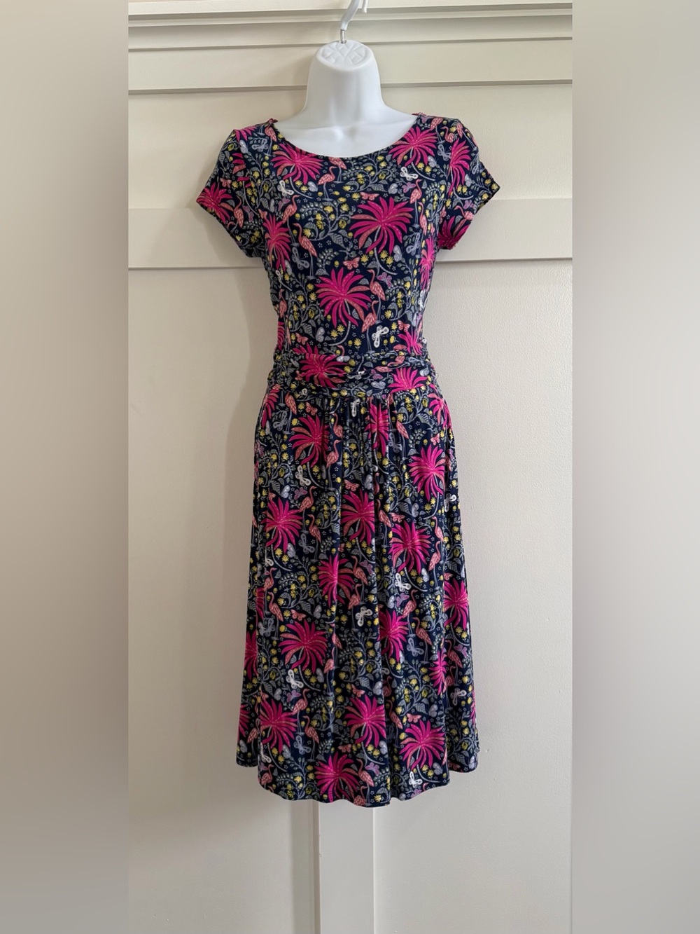 Boden Women's Navy Dress with Pink Floral Flamingo Print